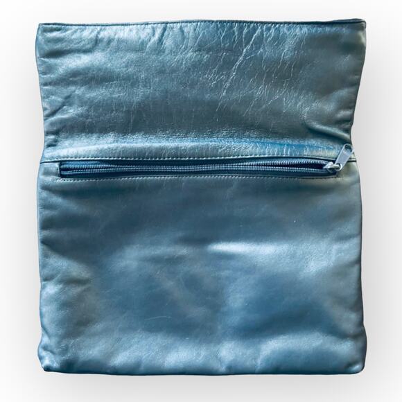 Pioneer Vintage 80s Navy Blue Leather Fold Over Clutch Purse w/ Fabric Cut Outs - Picture 9 of 15